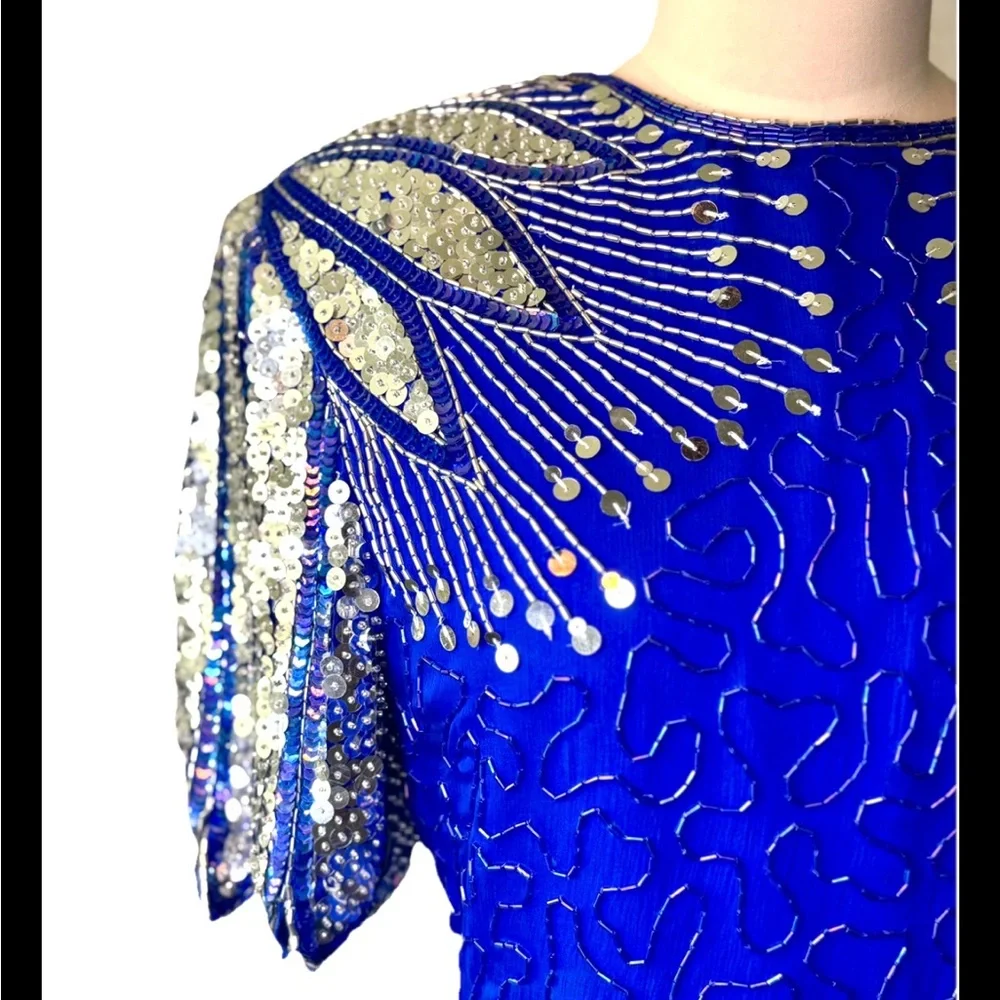 Laurence Kazar Vintage 80’s Blue Dress w/ Silver‎ Peacock Sequins and Open Back - Picture 7 of 10